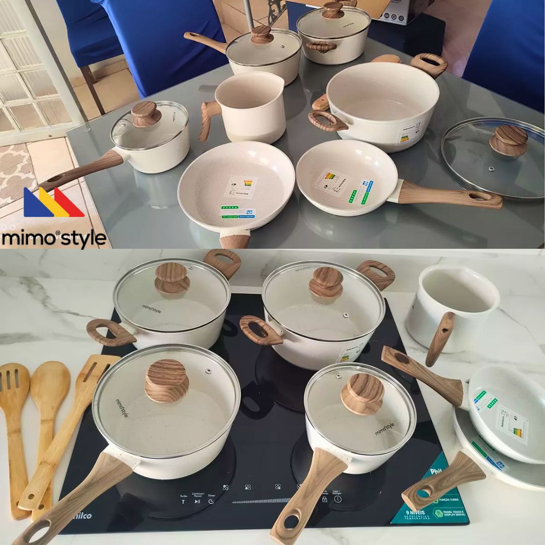 Jogo de panelas de cozinha Mimo Style Cook Fundo de Tripla Indução com 10 peças de alumínio marmol vanila