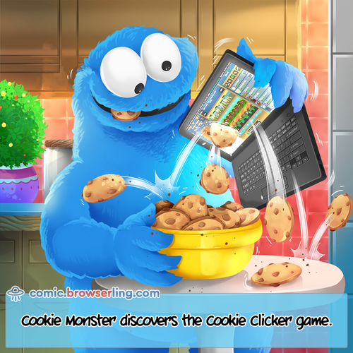 Cookie Monster discovers the Cookie Clicker game.

For more Chrome jokes, Firefox jokes, Safari jokes and Opera jokes visit https://comic.browserling.com. New cartoons, comics and jokes about browsers every week!