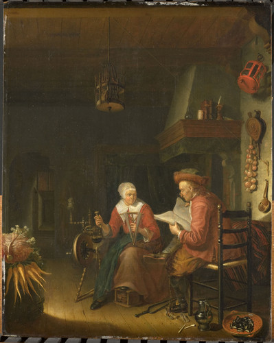 Tol, Domenicus van Интерьер с читающим мужчиной и женщиной с прялкой, 1676, 53 cm х 42 cm, Дерево, м