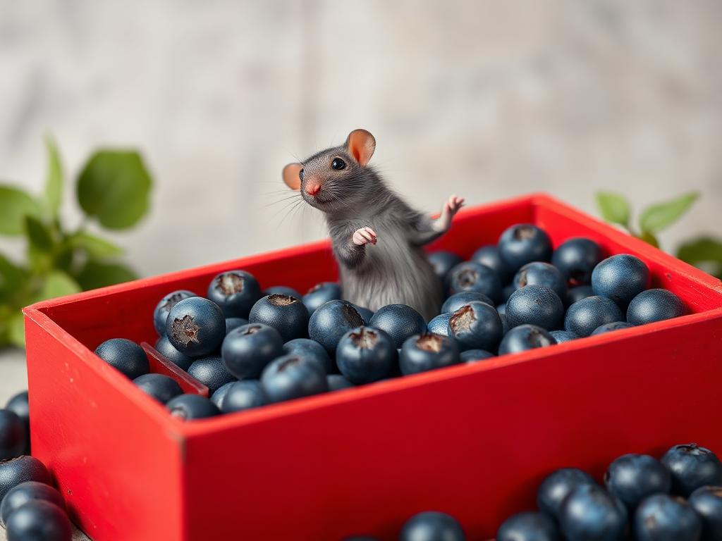 A red box of blue berries with a rat dancing inside