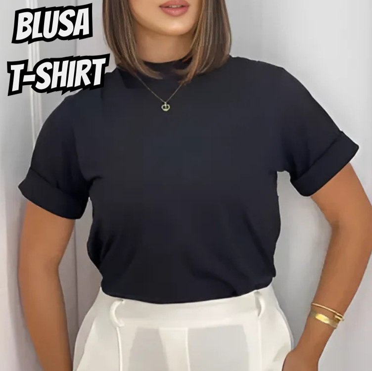 Blusa Feminina T-shirt Camiseta Gola Alta Algodão Premium