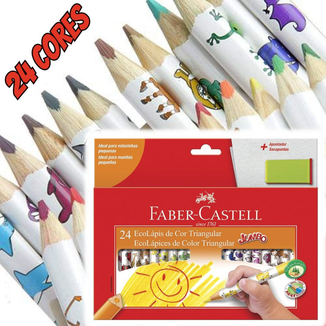 Lápis de Cor, Faber-Castell, Ecolápis Triangular Jumbo + Apontador com Depósito, 12.3024AP, 24 Cores