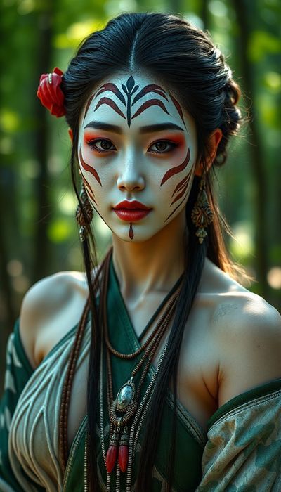 photorealistick, korean women, ((( amazoness)))、Tribe、fashionable face paint、Tribal Body Paint、(J....jpg