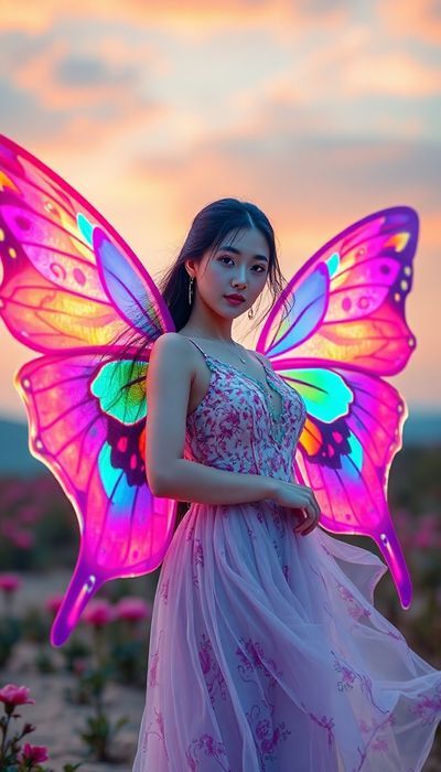a beautiful Korean woman, with long wings like a butterfly with colorful patterns, with flowing neon.jpg