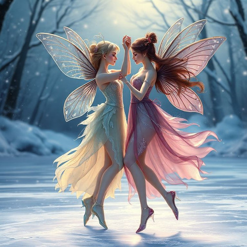 A beautiful dance on ice featuring two enchanting fairies, dressed in glossy dresses, realistic and .jpg