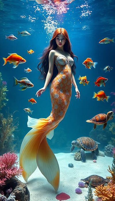 beautiful Korean mermaid, underwater view filled with coral, seaweed, sand, colorful glass, Koi fish.jpg