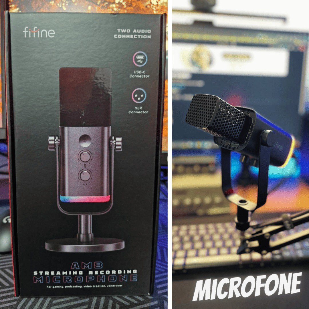 Fifine Microfone Dinâmico USB-Microfone Gamer,Microfone Dinâmico,Microfone vocal cardioide dinâmico – para PC para Mac,Iluminação LED RGB,Microfone de Mesa com Fio- AmpliGame AM8P