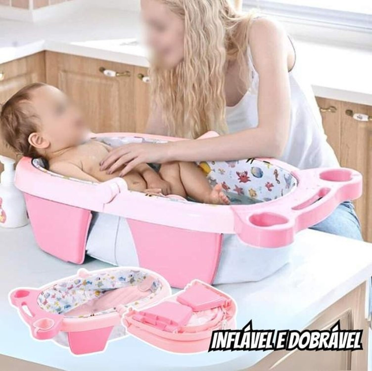 MaxiBaby Banheira de Bebê Inflável e Portátil AirPlus, Dobrável, capacidade 36 litros, Base Antiderrapante e Bandeja Removível (Até 18kgs), Rosa