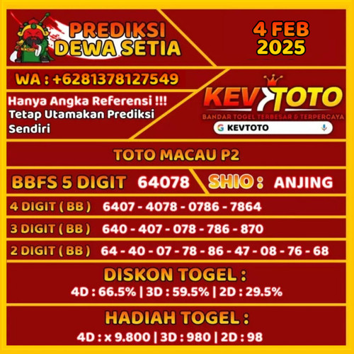 Prediksi Togel 4D Toto Macau P2 Selasa 4 Februari 2025.1