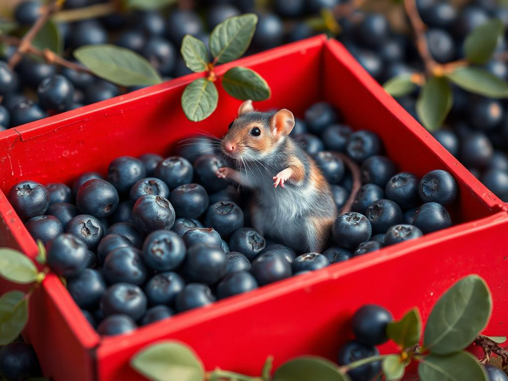 A red box of blue berries with a rat dancing inside