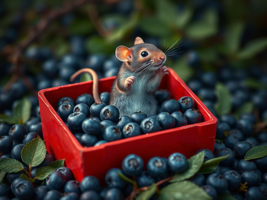 A red box of blue berries with a rat dancing inside