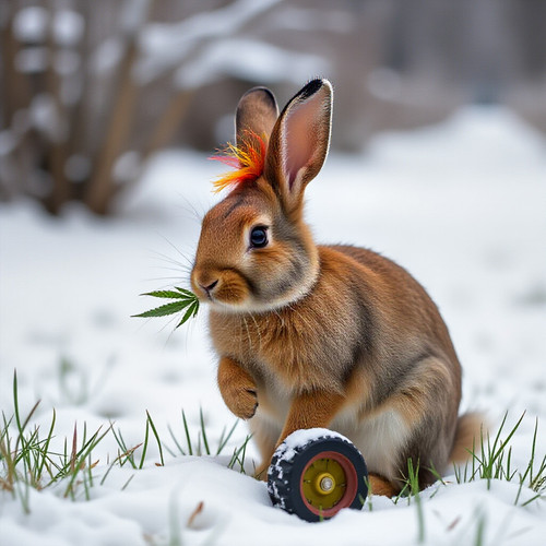 a cannabis smoking rabbit with rasta hair who mow the lawn on a snowy winter day.jpg