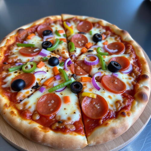 A homemade pizza with a golden crispy crust topped with tomato sauce melted mozzarella cheese and a .jpg