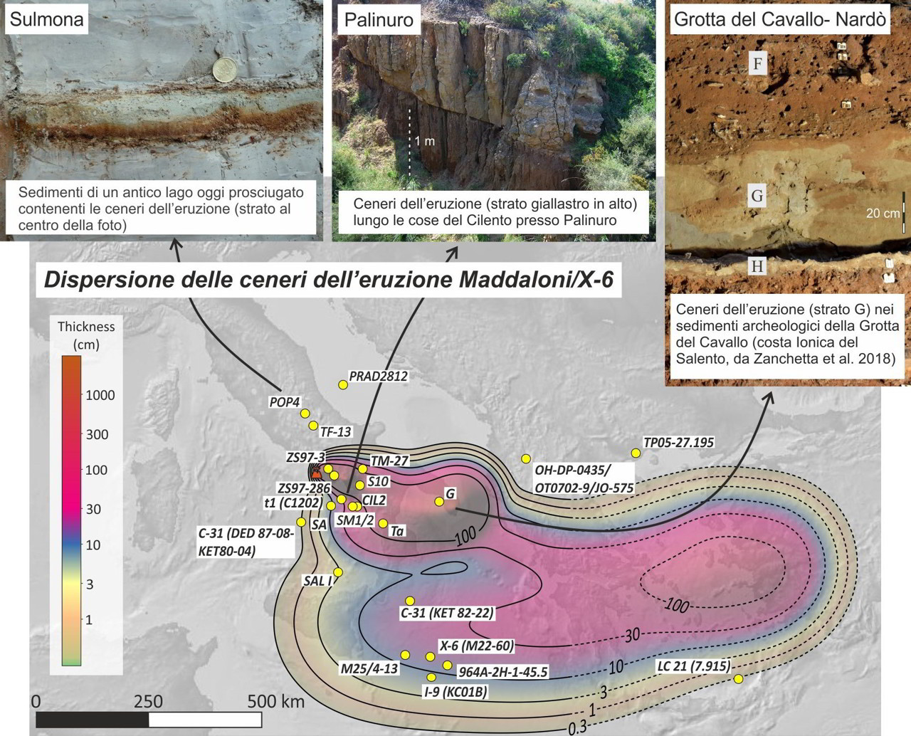 Mappa che mostra la dispersione delle ceneri dell’eruzione di Maddaloni/X-6, accompagnata dalle foto delle sezioni stratigrafiche dei siti di ritrovamento.