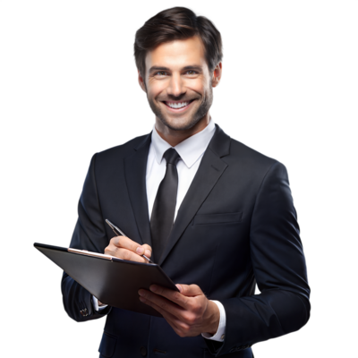 confident young businessman writing on a clipboard png.webp