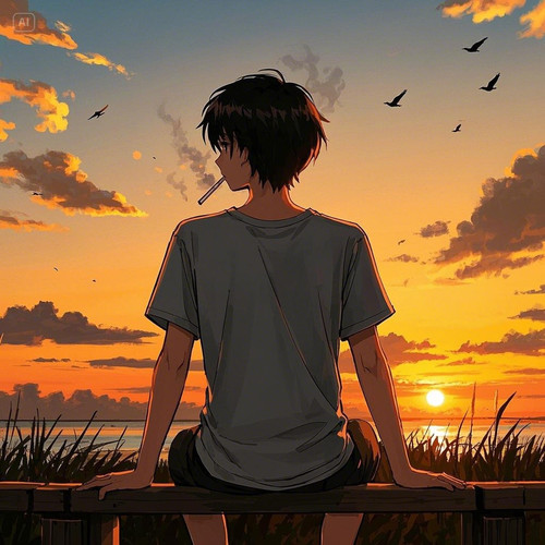The image shows a young anime boy sitting on a wooden banch, smoking a cigarette. He is wearing a gr.jpg