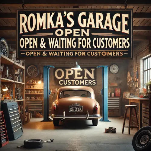 DALL·E 2025 02 03 18.52.00 A welcoming car garage with a sign that says 'Romka's Garage Open & Waiti.webp