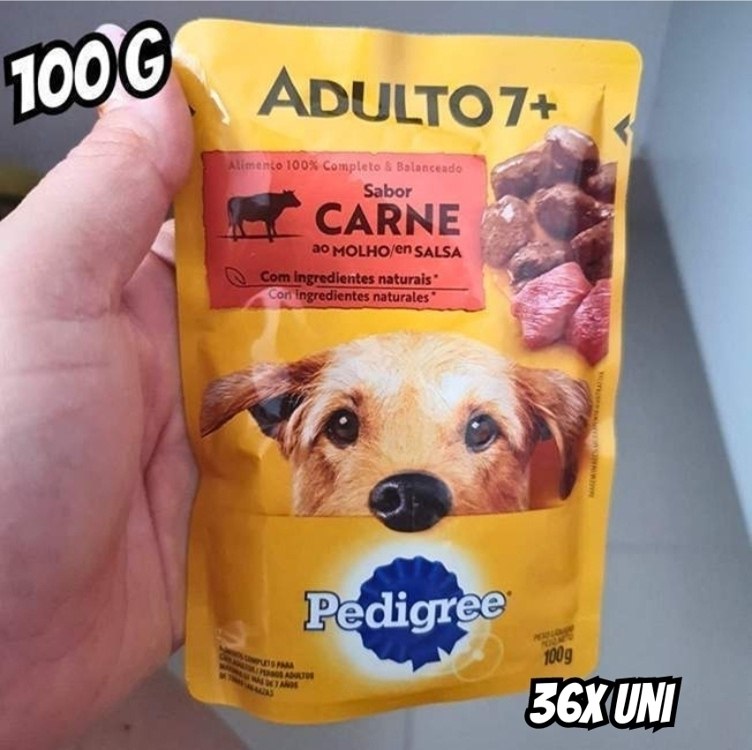 Packs de Ração Úmida Pedigree para Cães Adultos Sênior 7+ Anos, Sachê Carne ao Molho, 36 Sachês de 100 g