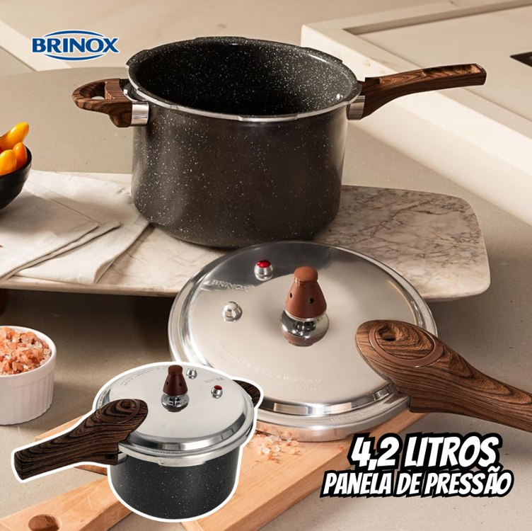 Brinox – Panela de Pressão Ceramic Life com Fundo de Indução 4,2L – Granito