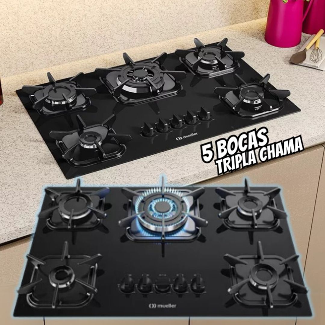 Cooktop Mueller 5 bocas Preto com Queimador Tripla chama Bivolt 127/220V