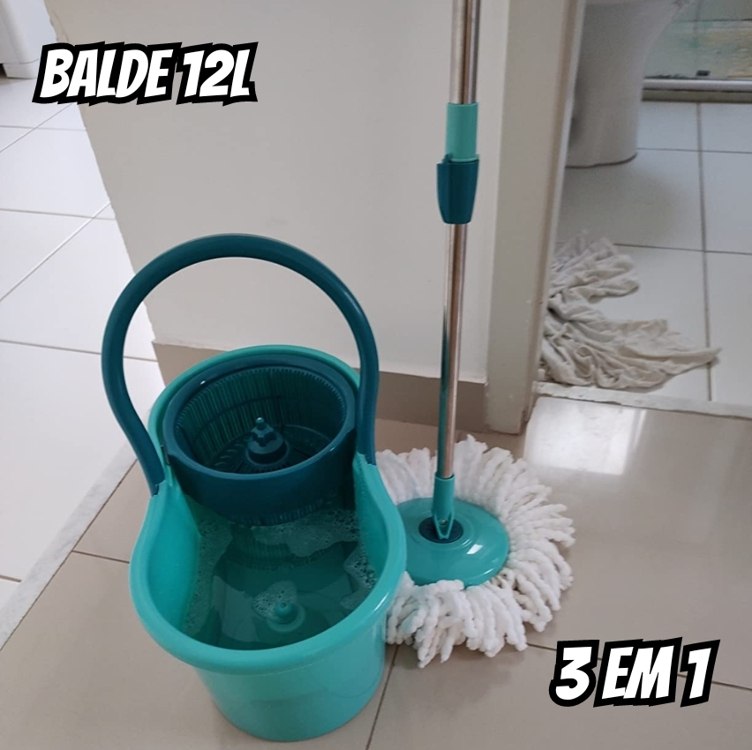 Mop Giratório 3 em1, balde com 12 litros e 3 opções de Refis, ( microfibra, tira pó e limpeza pesada) MOP8258, Flash Limp