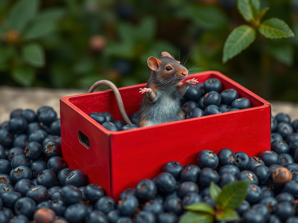 A red box of blue berries with a rat dancing inside