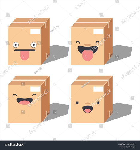 stock vector cute cartoon four cardboard boxes with different facial expressions vector illustrator .jpg