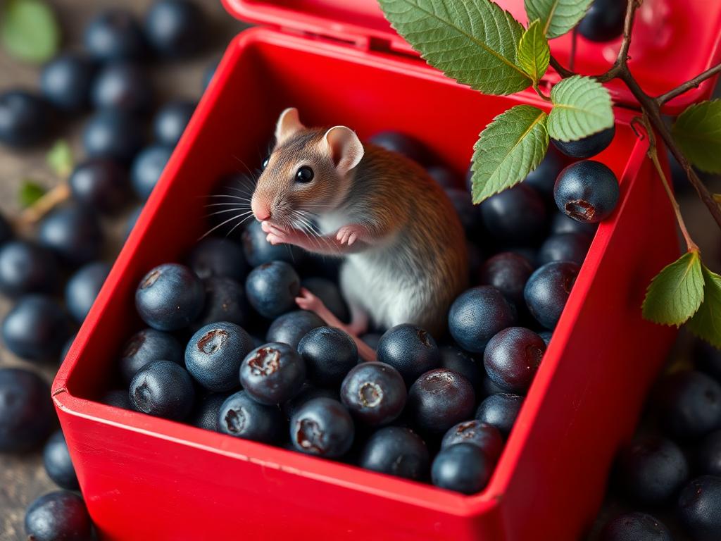 A red box of blue berries with a rat dancing inside