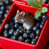 www.naked-ai.art - A red box of blue berries with a rat dancing inside