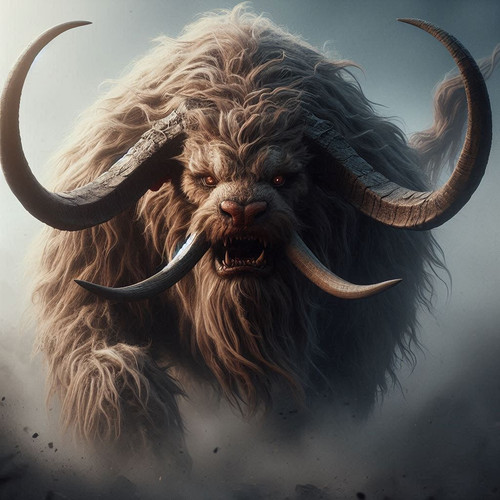 an aoyin, a large, hairy cattle like monster with two sets of horns, a robust head, sharp fangs and .jpg