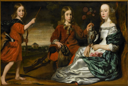 Unknown Два мальчика в костюмах охотников, и девочка на фоне пейзажа с загородном домом, 1675, 108 c