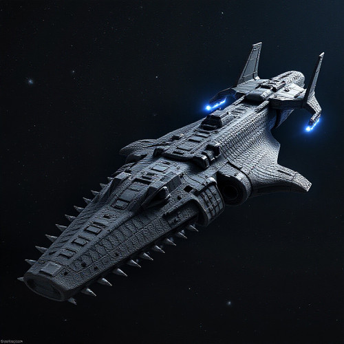 A massive spaceship shaped like an alligator gar fish with a long streamlined body and a distinct sn.jpg