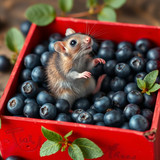 www.naked-ai.art - A red box of blue berries with a rat dancing inside