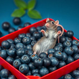 www.naked-ai.art - A red box of blue berries with a rat dancing inside