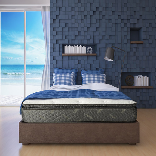 3d rendering image of sea view bedroom which have cubic decorated wall as back ground,blue cubic wal.jpg