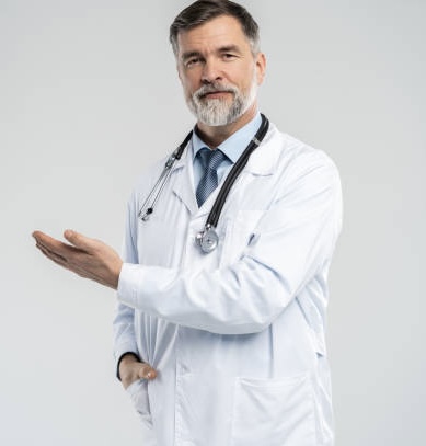 Doctor senior man, medical professional holding something in empty hand isolated over white backgrou.jpg