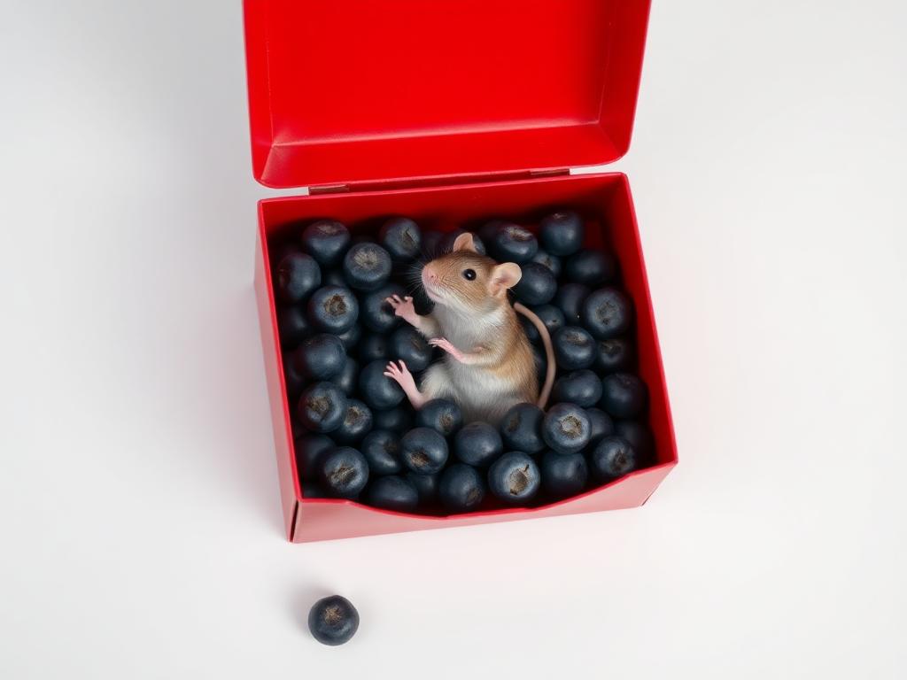 A red box of blue berries with a rat dancing inside