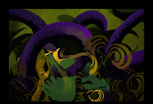 abstract painting dark green purple gold black scales, black border, double heli s 503943029.png