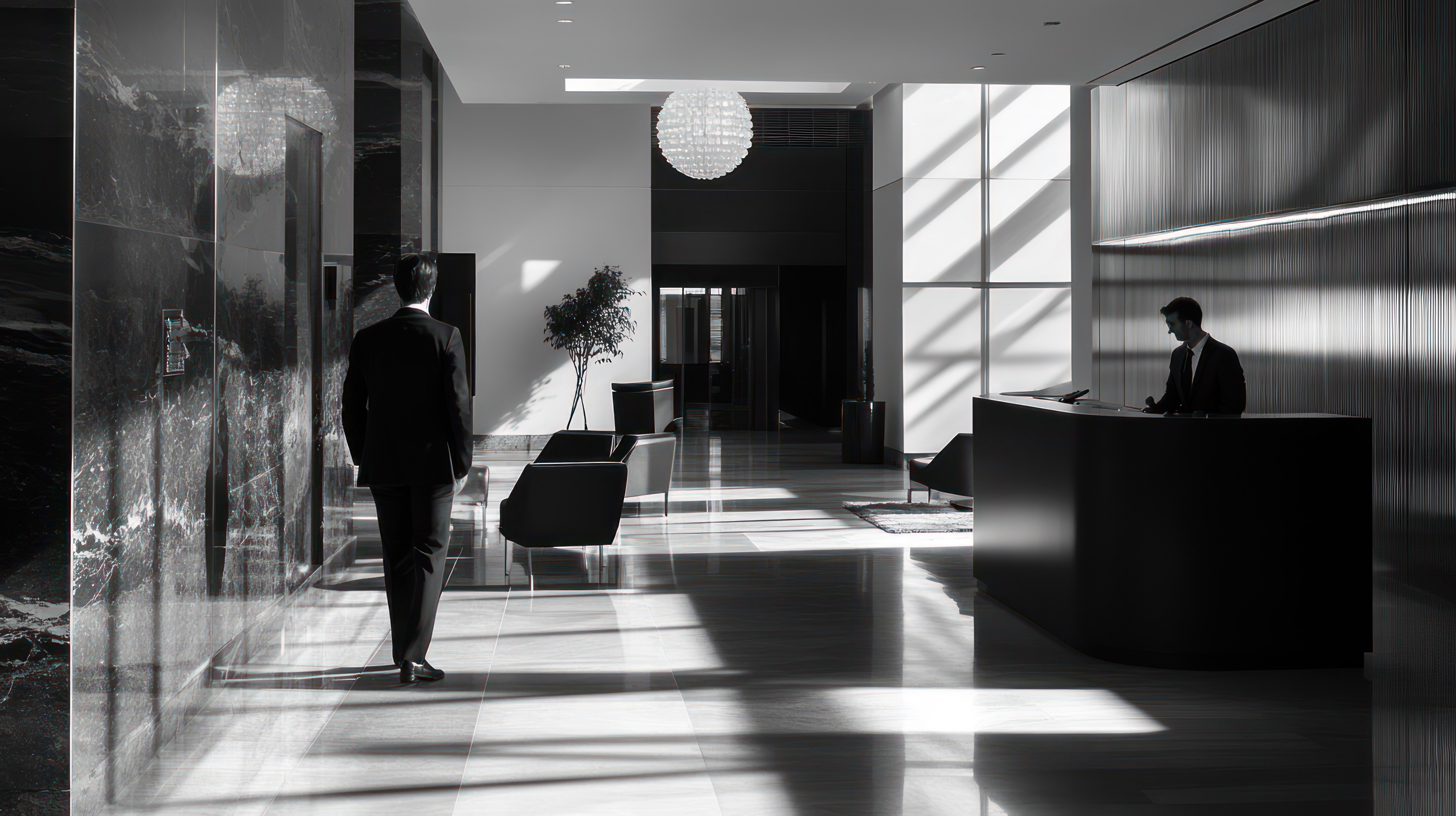 man suit walking past reception desk modern lobby