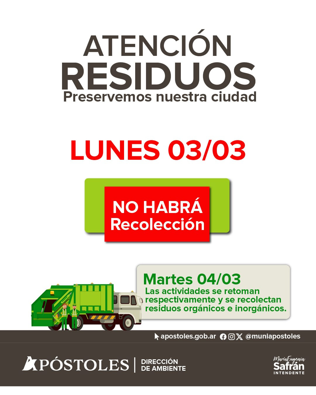 Recolección de residuos: feriado por carnavales.