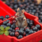 www.naked-ai.art - A red box of blue berries with a rat dancing inside