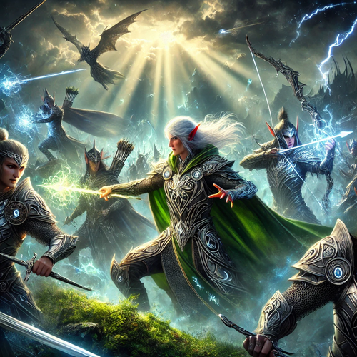 DALL·E 2025 03 05 00.59.54 An epic elven battle scene in a mystical valley. Elven warriors clad in o.png