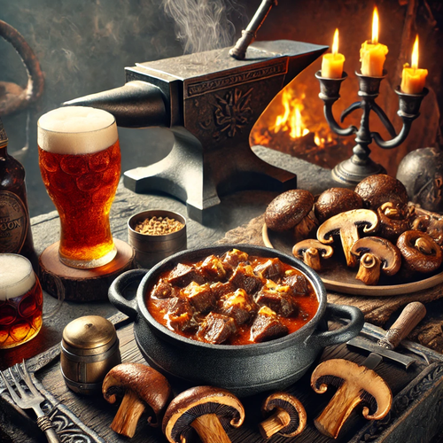 DALL·E 2025 03 03 23.45.03 A hearty dwarven meal featuring 'Spezzatino della Forgia' and 'Funghi all.png