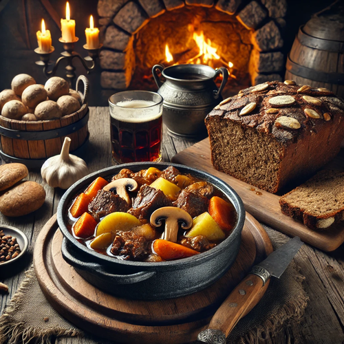 DALL·E 2025 03 03 23.45.06 A rustic dwarven feast featuring 'Stufato del Minatore' and 'Pane della M.png