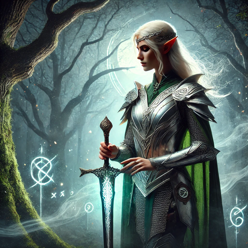 DALL·E 2025 03 05 00.59.58 A mystical elven warrior standing in an enchanted forest, clad in silver .png