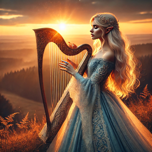 DALL·E 2025 03 05 00.59.57 An elven maiden standing on a hill at sunset, her golden hair flowing in .png