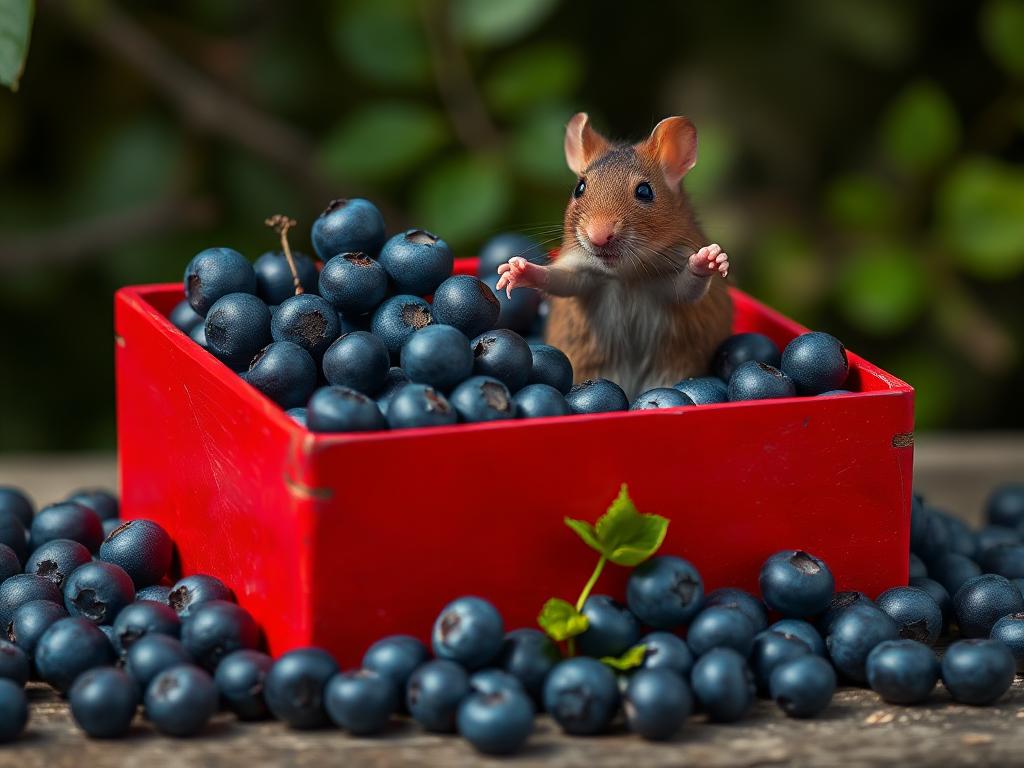 A red box of blue berries with a rat dancing inside