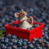 www.naked-ai.art - A red box of blue berries with a rat dancing inside