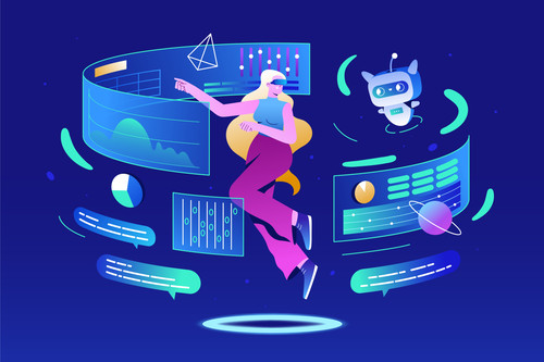 Flat woman in virtual reality glasses communication with ai robot in metaverse. Future innovations, .jpg