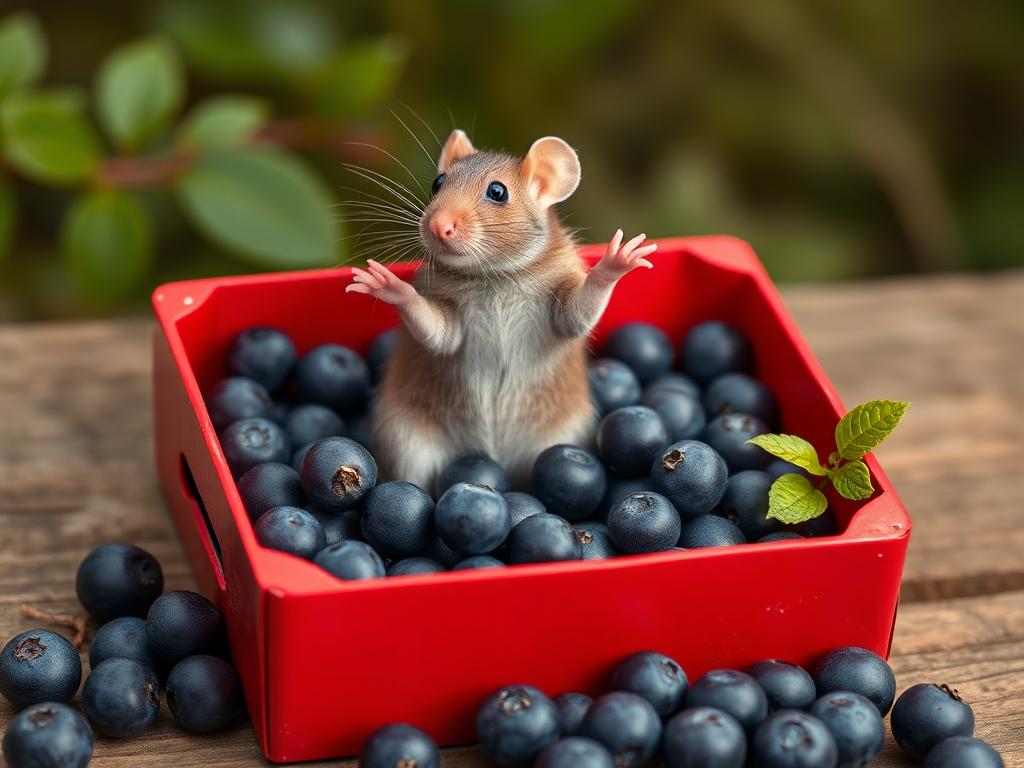 A red box of blue berries with a rat dancing inside